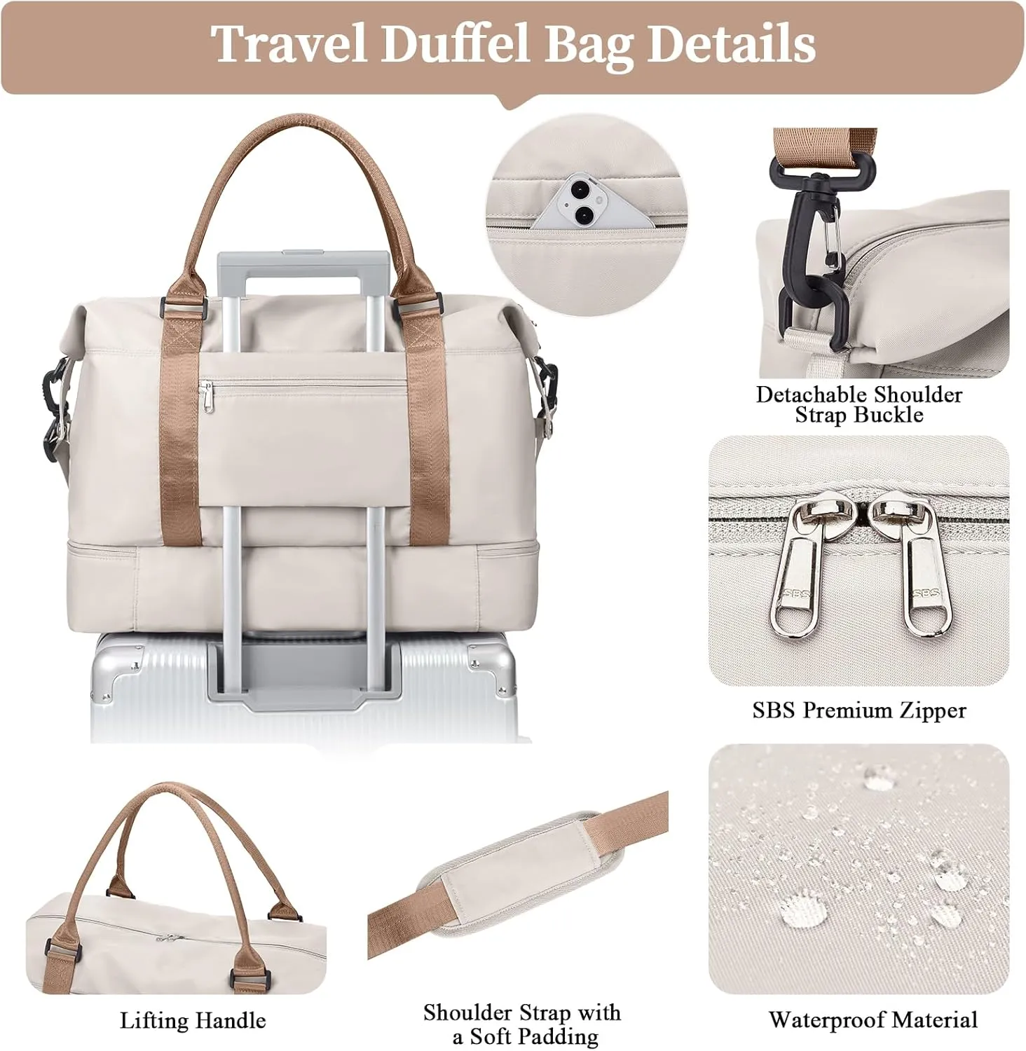 Weekender Bags for Women,Personal Item Travel Bag with Shoes Compartment,Overnight Travel Duffel Bag with Toiletry Bag, Beige & Brown, Large, Set(travel Bag toiletry Bag)
