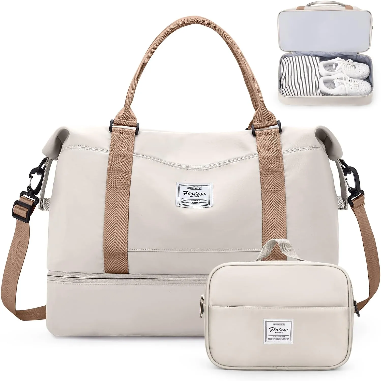 Weekender Bags for Women,Personal Item Travel Bag with Shoes Compartment,Overnight Travel Duffel Bag with Toiletry Bag, Beige & Brown, Large, Set(travel Bag toiletry Bag)