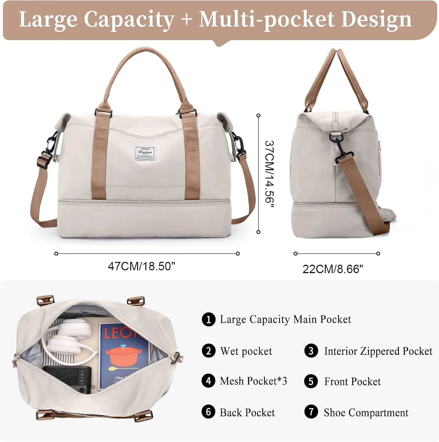 Weekender Bags for Women,Personal Item Travel Bag with Shoes Compartment,Overnight Travel Duffel Bag with Toiletry Bag, Beige & Brown, Large, Set(travel Bag toiletry Bag)