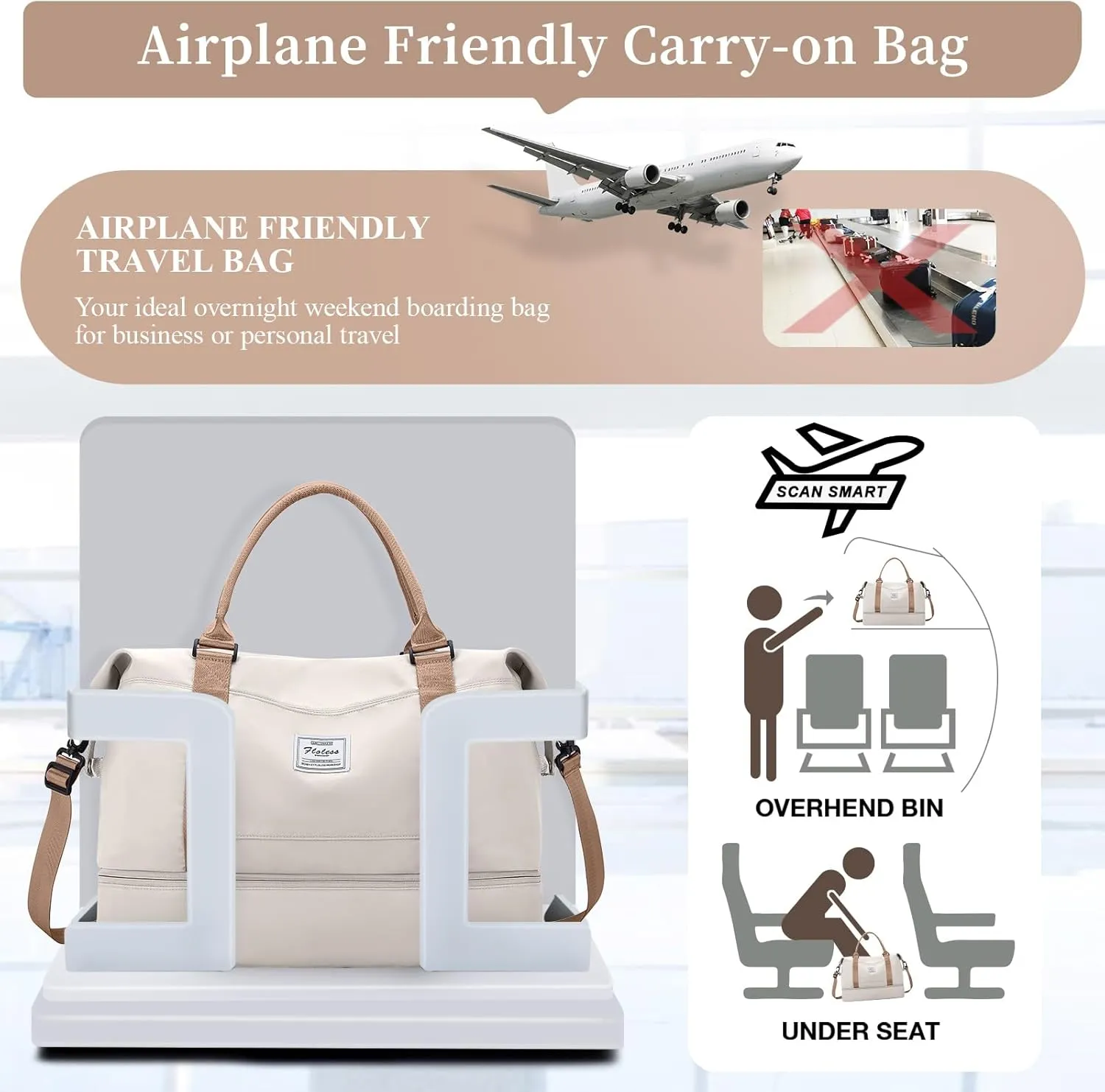 Weekender Bags for Women,Personal Item Travel Bag with Shoes Compartment,Overnight Travel Duffel Bag with Toiletry Bag, Beige & Brown, Large, Set(travel Bag toiletry Bag)