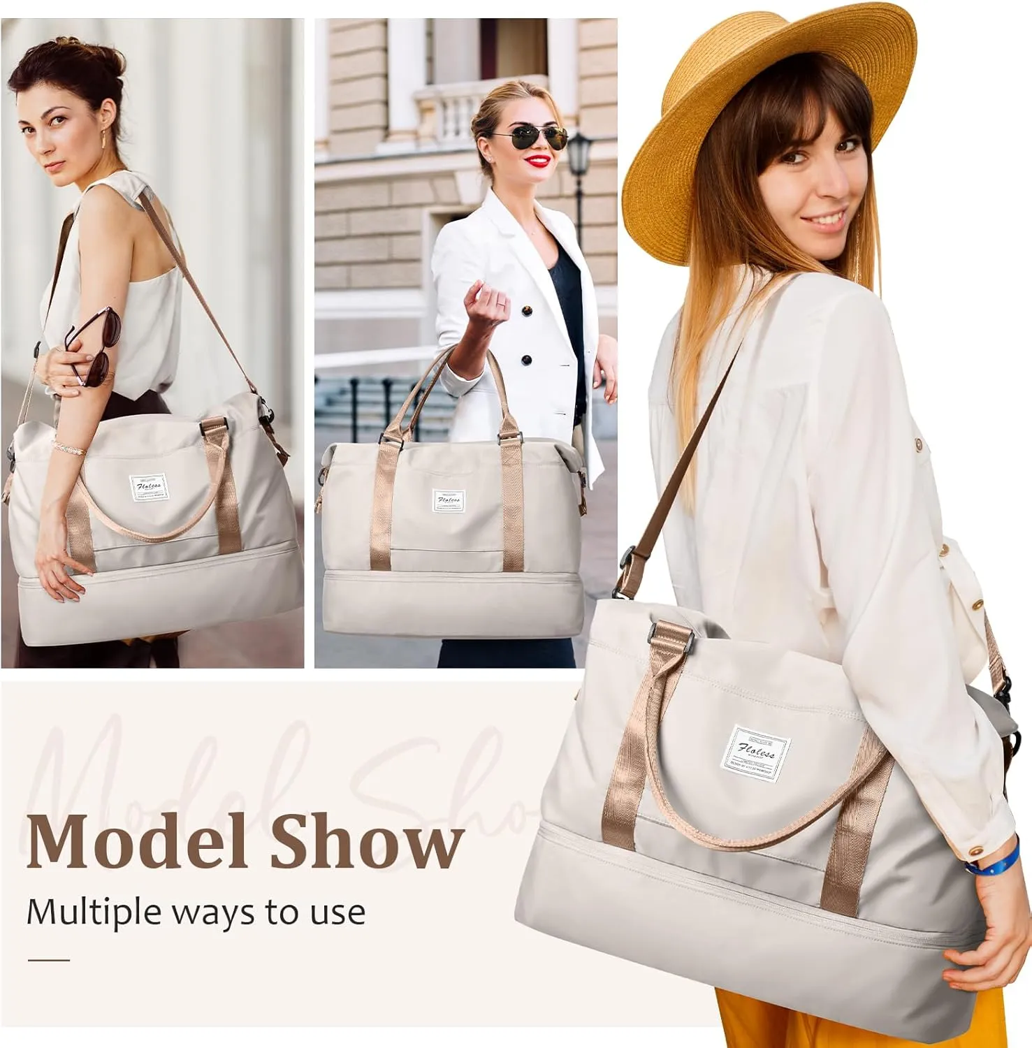 Weekender Bags for Women,Personal Item Travel Bag with Shoes Compartment,Overnight Travel Duffel Bag with Toiletry Bag, Beige & Brown, Large, Set(travel Bag toiletry Bag)