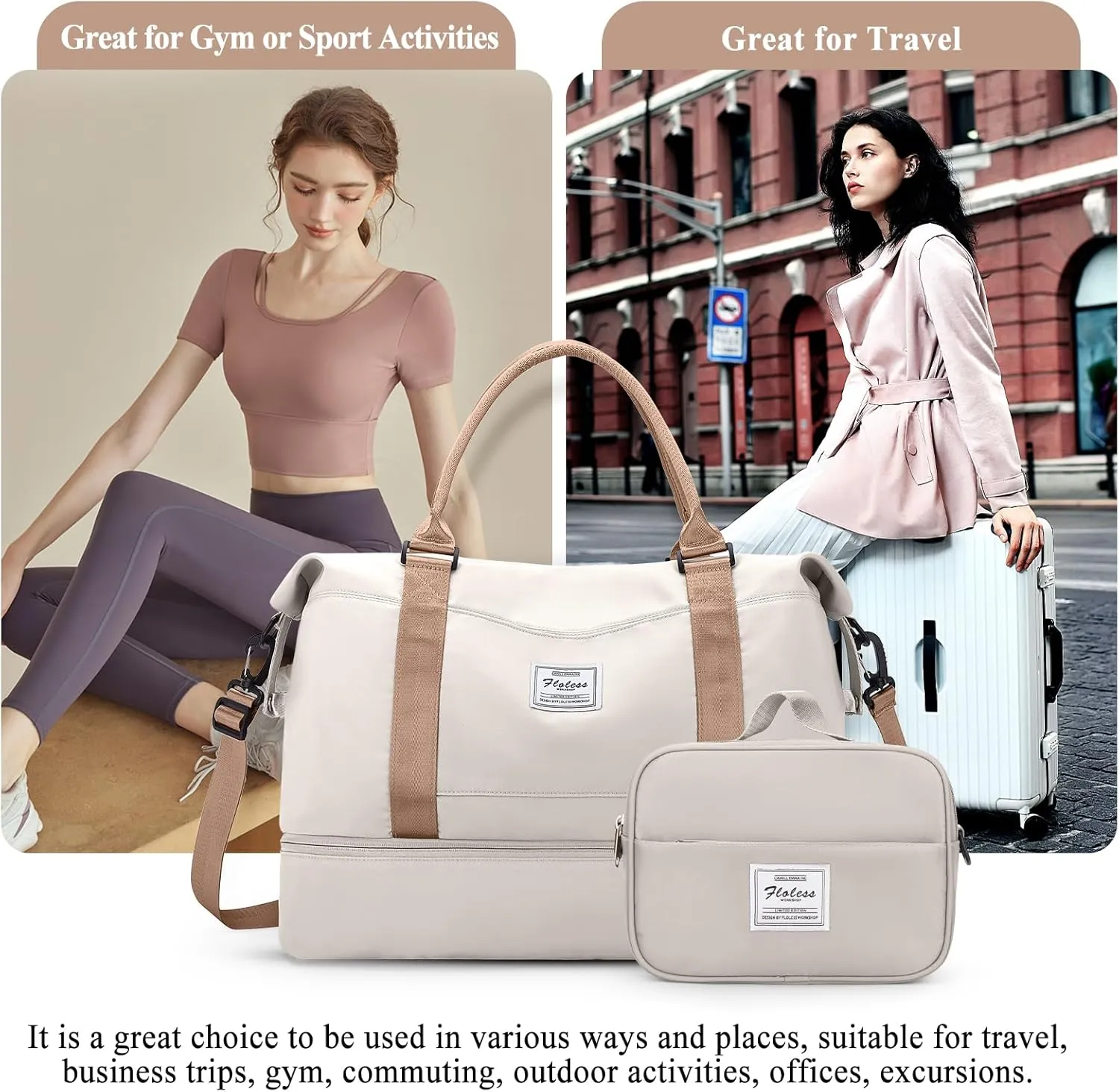 Weekender Bags for Women,Personal Item Travel Bag with Shoes Compartment,Overnight Travel Duffel Bag with Toiletry Bag, Beige & Brown, Large, Set(travel Bag toiletry Bag)