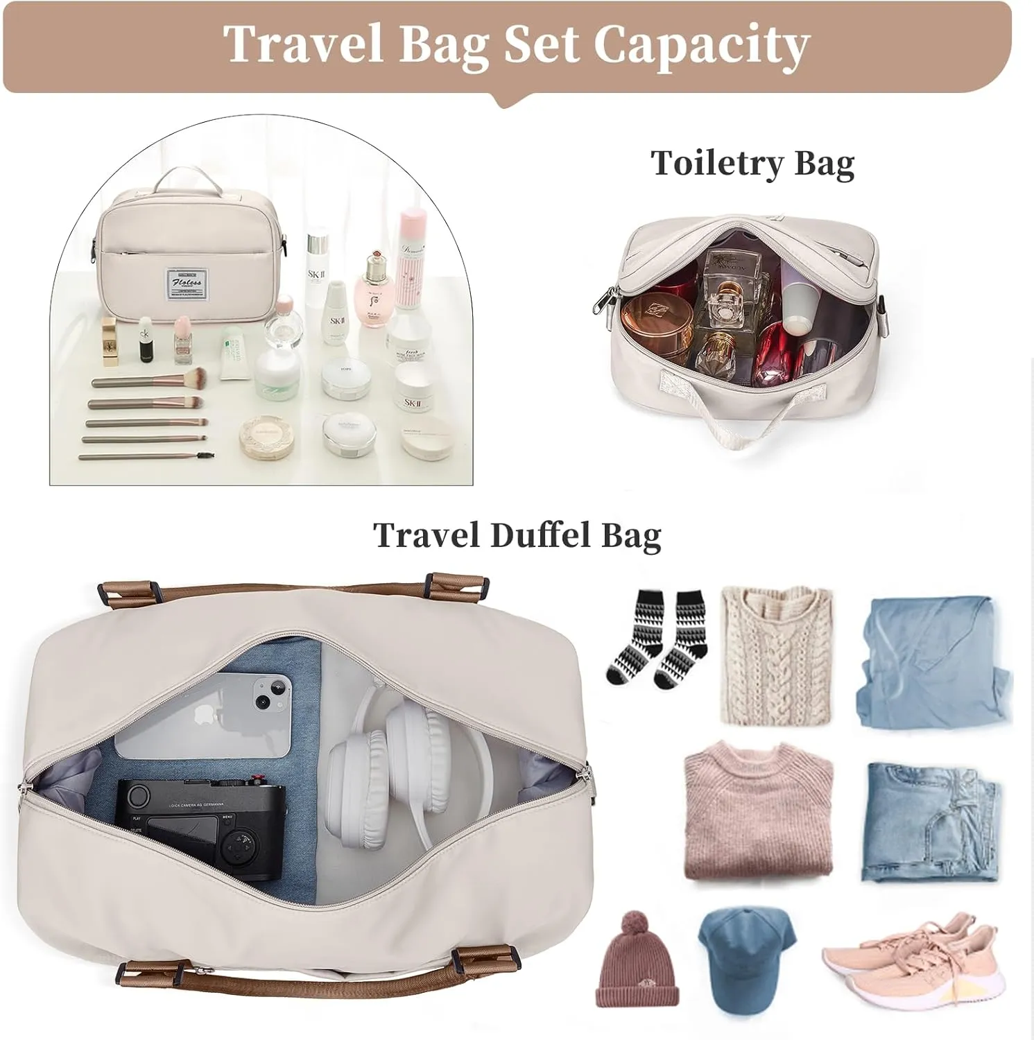 Weekender Bags for Women,Personal Item Travel Bag with Shoes Compartment,Overnight Travel Duffel Bag with Toiletry Bag, Beige & Brown, Large, Set(travel Bag toiletry Bag)