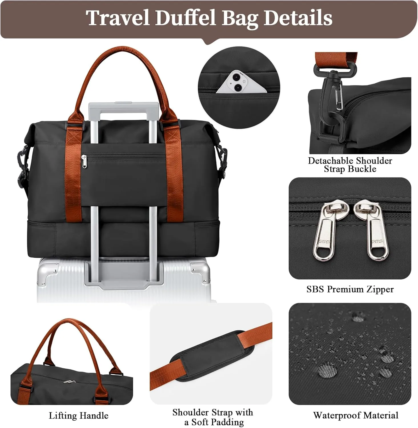 Weekender Bags for Women,Personal Item Travel Bag with Shoes Compartment,Overnight Travel Duffel Bag with Toiletry Bag, Black & Brown, Large, Set(travel Bag toiletry Bag)
