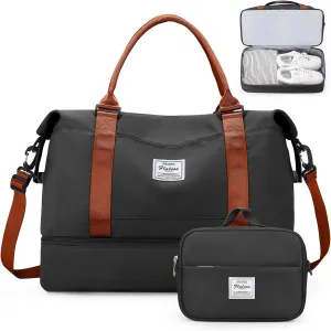 Weekender Bags for Women,Personal Item Travel Bag with Shoes Compartment,Overnight Travel Duffel Bag with Toiletry Bag, Black & Brown, Large, Set(travel Bag toiletry Bag)