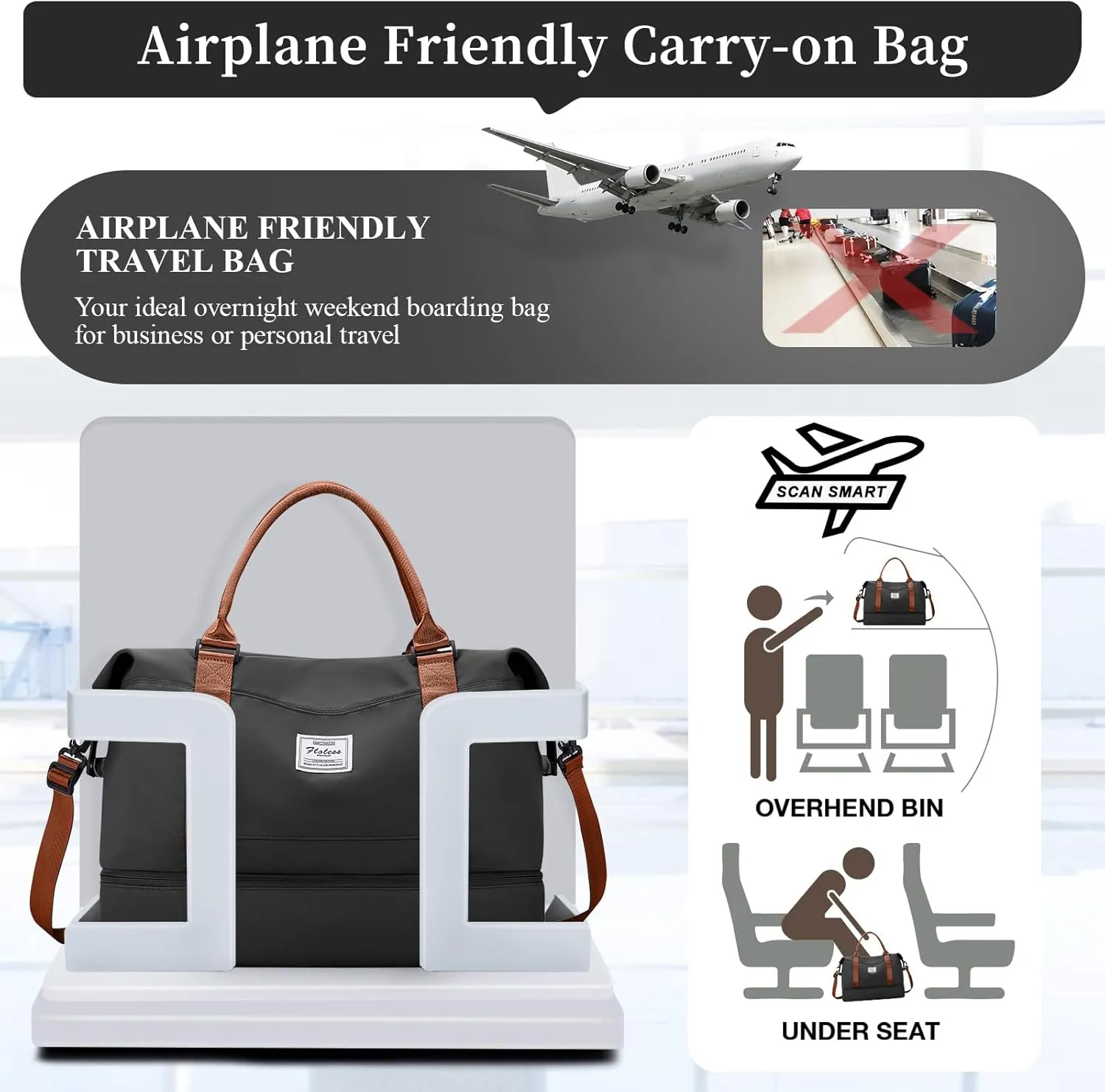 Weekender Bags for Women,Personal Item Travel Bag with Shoes Compartment,Overnight Travel Duffel Bag with Toiletry Bag, Black & Brown, Large, Set(travel Bag toiletry Bag)