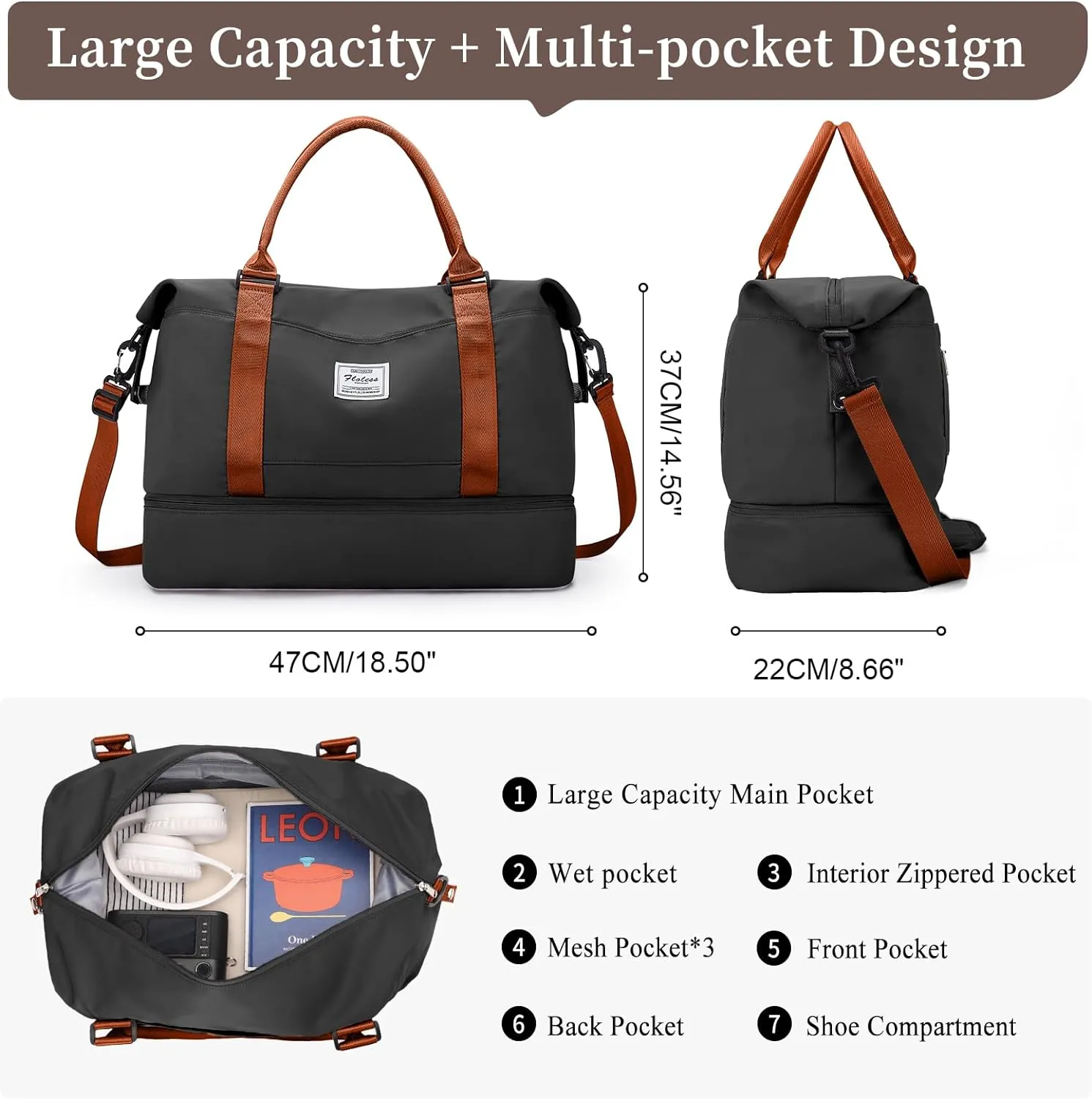 Weekender Bags for Women,Personal Item Travel Bag with Shoes Compartment,Overnight Travel Duffel Bag with Toiletry Bag, Black & Brown, Large, Set(travel Bag toiletry Bag)