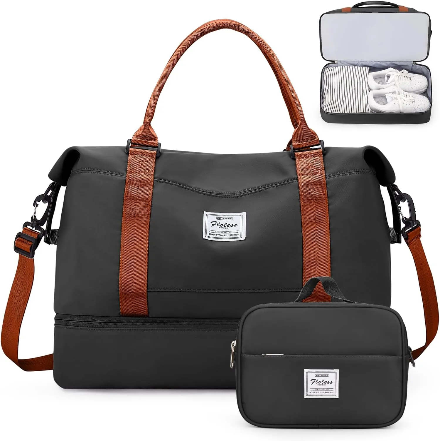 Weekender Bags for Women,Personal Item Travel Bag with Shoes Compartment,Overnight Travel Duffel Bag with Toiletry Bag, Black & Brown, Large, Set(travel Bag toiletry Bag)