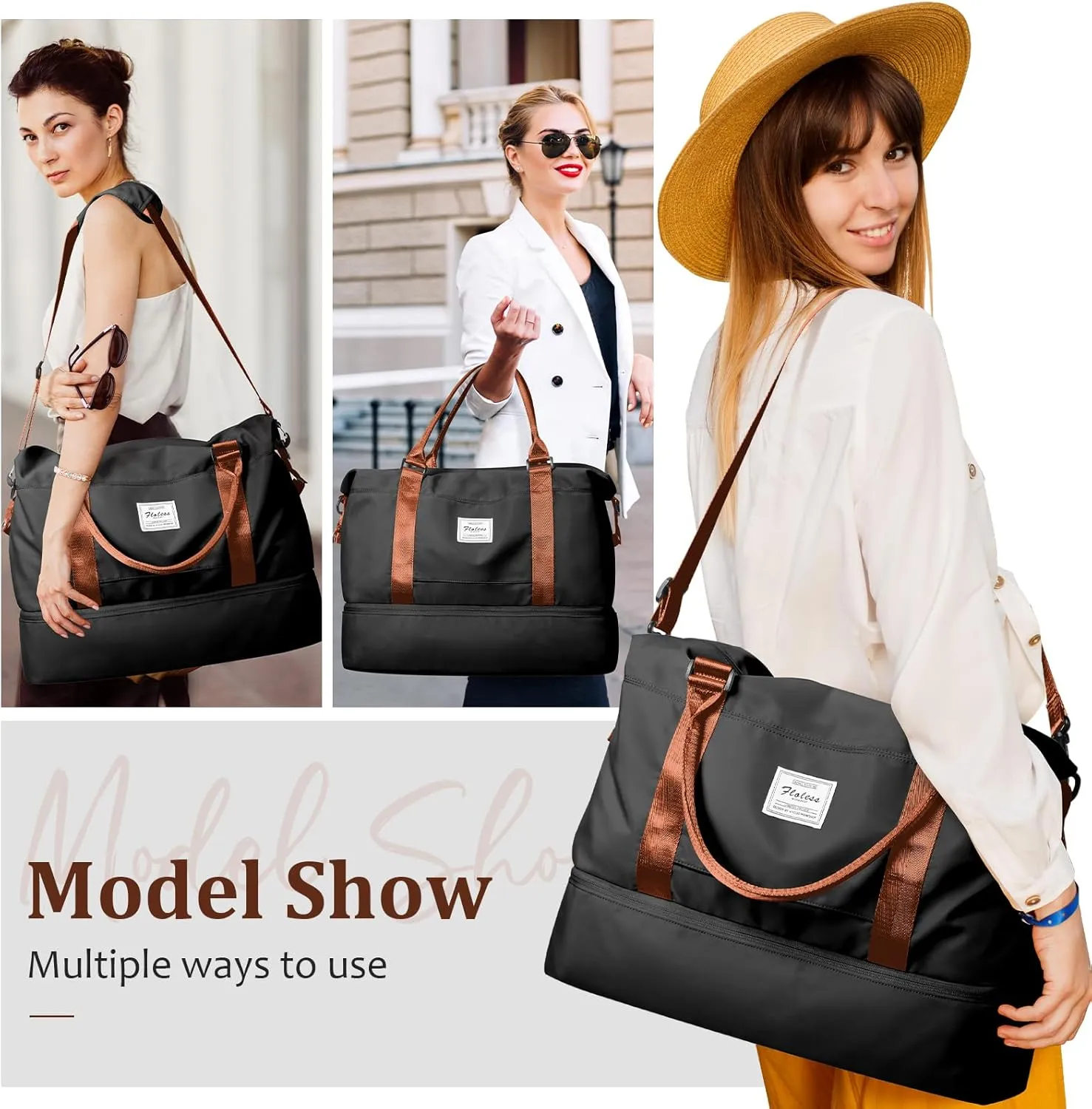 Weekender Bags for Women,Personal Item Travel Bag with Shoes Compartment,Overnight Travel Duffel Bag with Toiletry Bag, Black & Brown, Large, Set(travel Bag toiletry Bag)