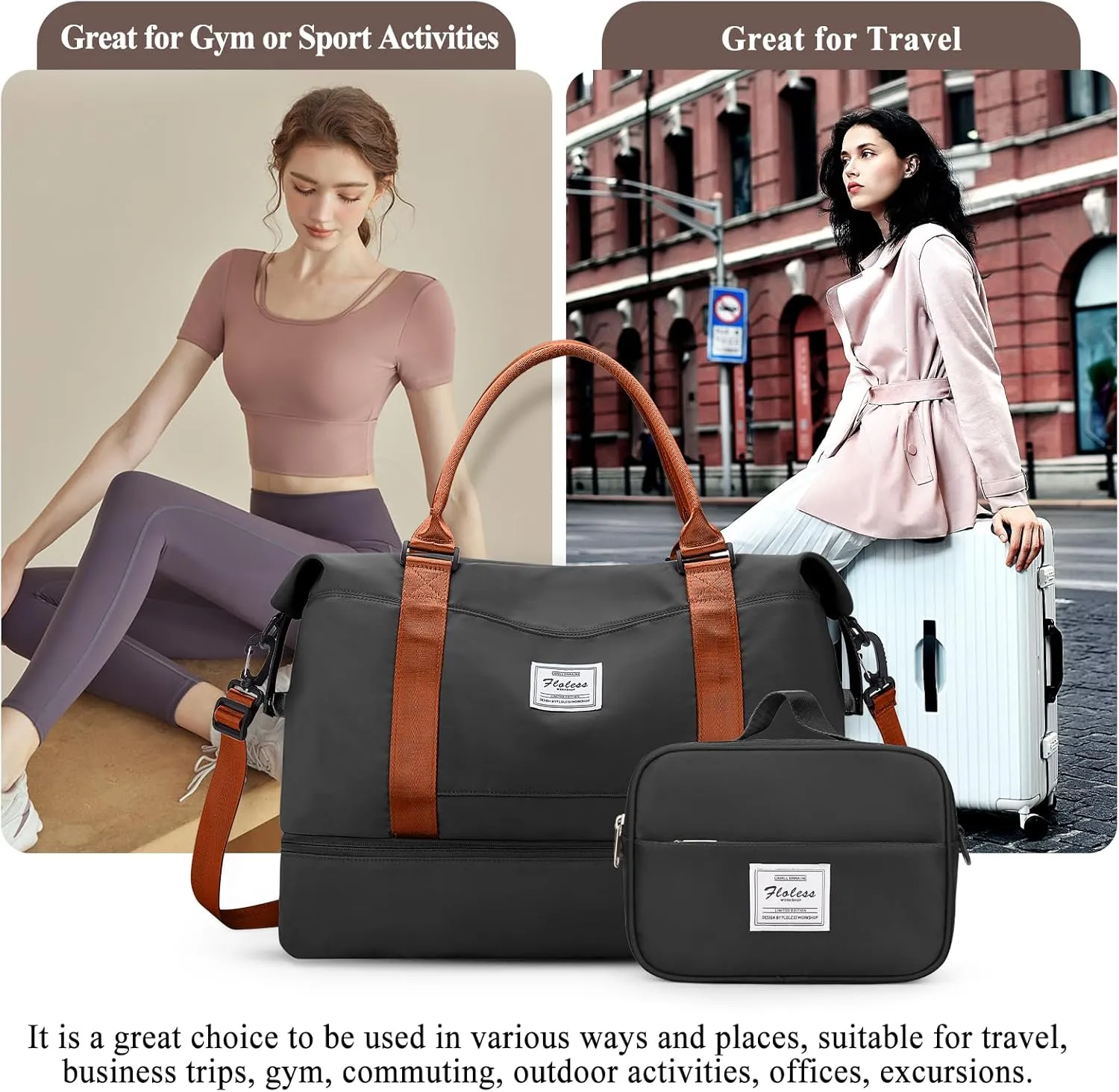 Weekender Bags for Women,Personal Item Travel Bag with Shoes Compartment,Overnight Travel Duffel Bag with Toiletry Bag, Black & Brown, Large, Set(travel Bag toiletry Bag)