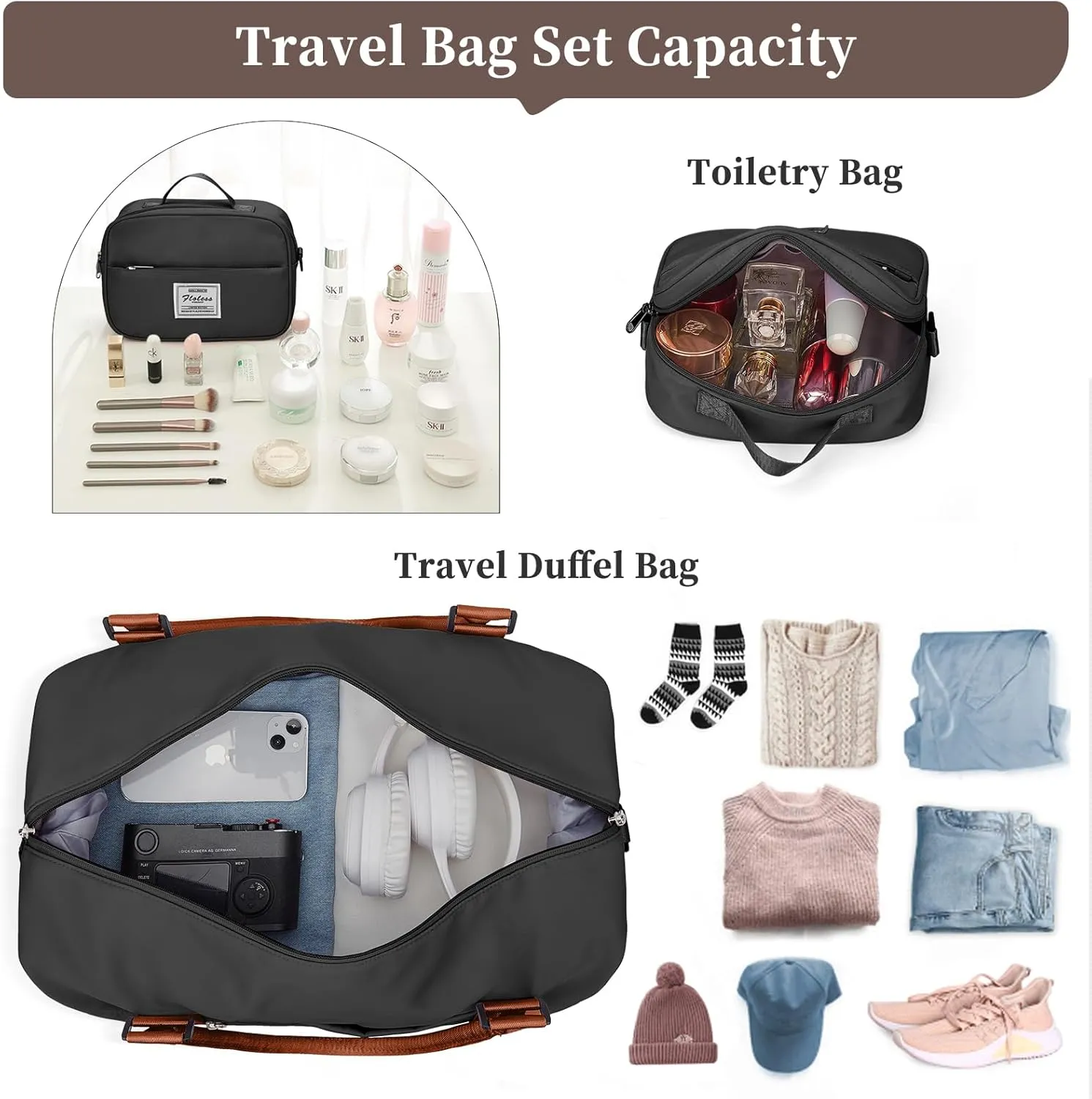 Weekender Bags for Women,Personal Item Travel Bag with Shoes Compartment,Overnight Travel Duffel Bag with Toiletry Bag, Black & Brown, Large, Set(travel Bag toiletry Bag)