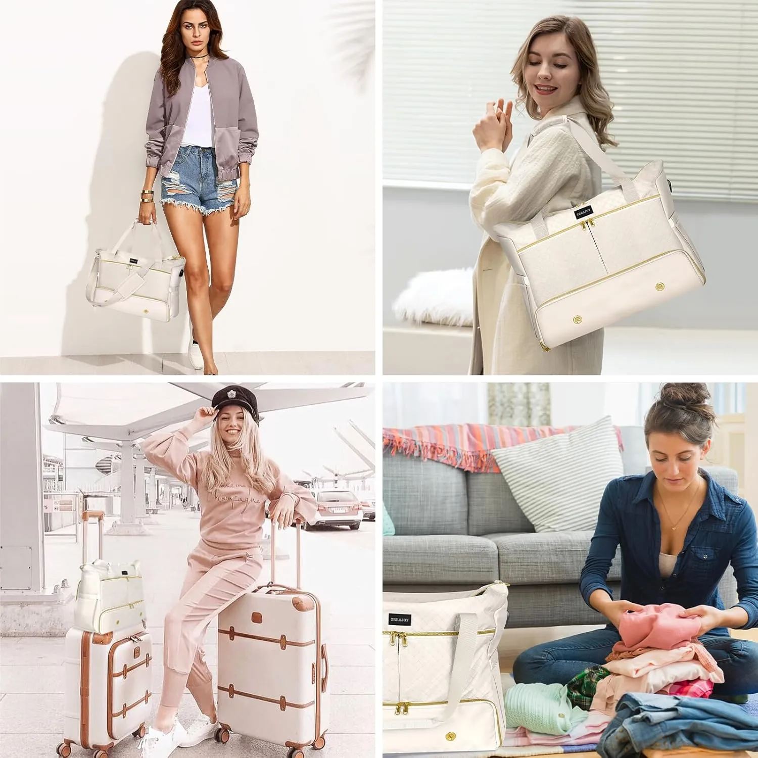 Weekender Overnight Bag for Women, Large Travel Duffle Bag with Shoe Compartment & Wet Pocket, Carry On Tote Bag Gym Duffel Bag, Beige, Travel Bag