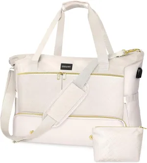 Weekender Overnight Bag for Women, Large Travel Duffle Bag with Shoe Compartment & Wet Pocket, Carry On Tote Bag Gym Duffel Bag, Beige, Travel Bag