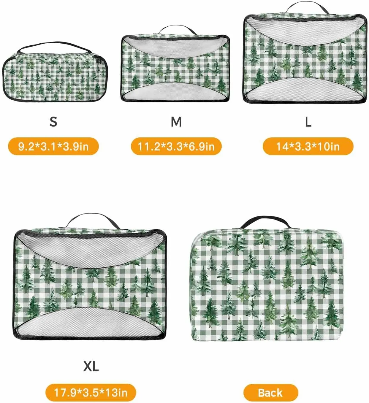 Winter Christmas Tree 4 Set Packing Cubes, Green Buffalo Checked White Packing Cubes for Carry on Suitcase Travel Essential Bag for Clothes Shoes Cosmetics Toiletry