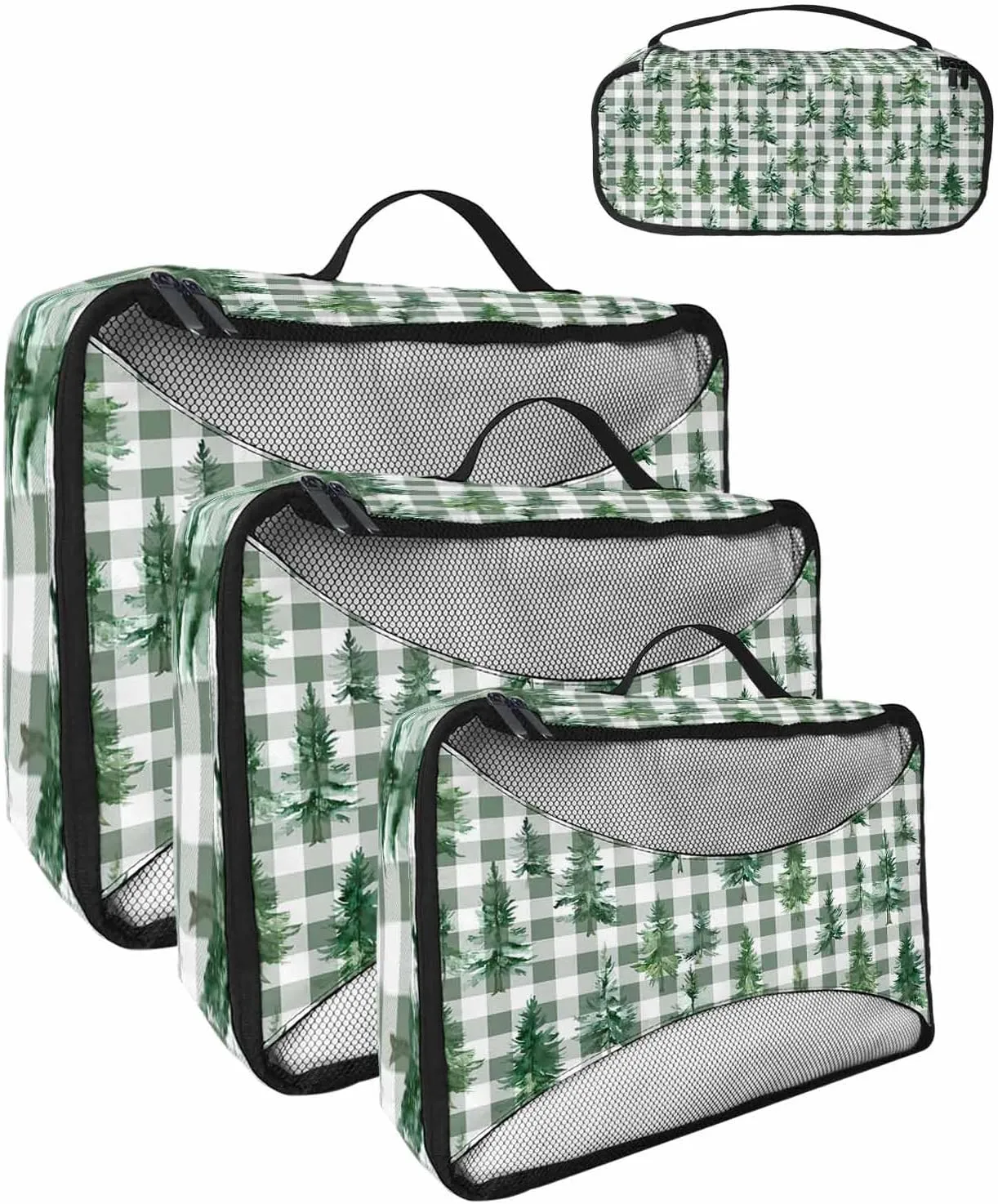 Winter Christmas Tree 4 Set Packing Cubes, Green Buffalo Checked White Packing Cubes for Carry on Suitcase Travel Essential Bag for Clothes Shoes Cosmetics Toiletry
