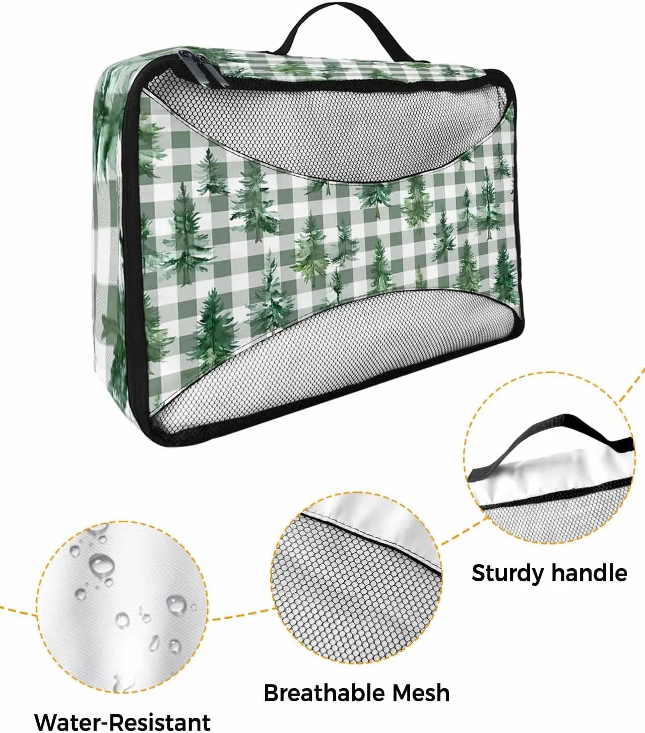 Winter Christmas Tree 4 Set Packing Cubes, Green Buffalo Checked White Packing Cubes for Carry on Suitcase Travel Essential Bag for Clothes Shoes Cosmetics Toiletry