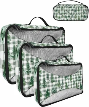 Winter Christmas Tree 4 Set Packing Cubes, Green Buffalo Checked White Packing Cubes for Carry on Suitcase Travel Essential Bag for Clothes Shoes Cosmetics Toiletry