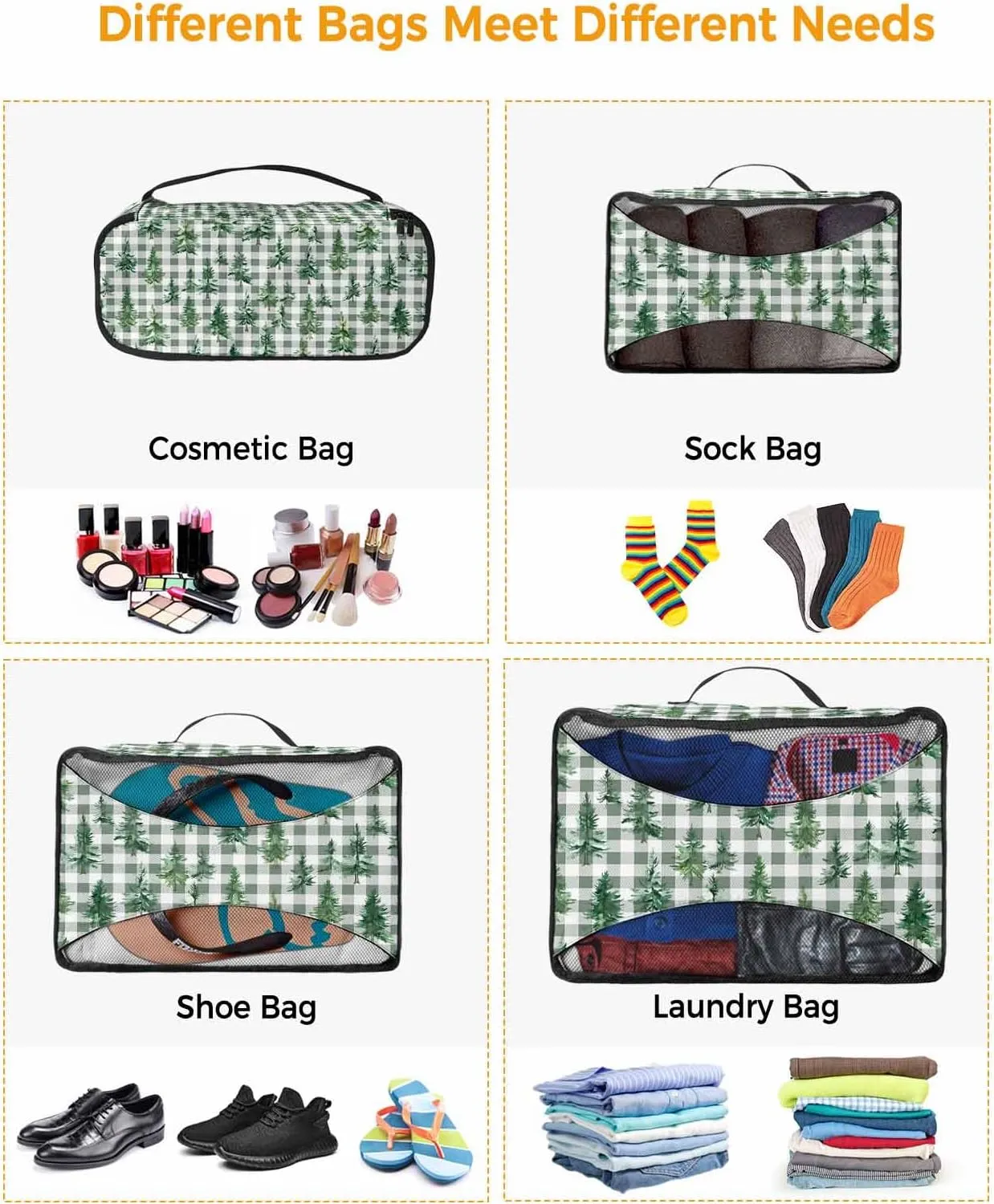 Winter Christmas Tree 4 Set Packing Cubes, Green Buffalo Checked White Packing Cubes for Carry on Suitcase Travel Essential Bag for Clothes Shoes Cosmetics Toiletry