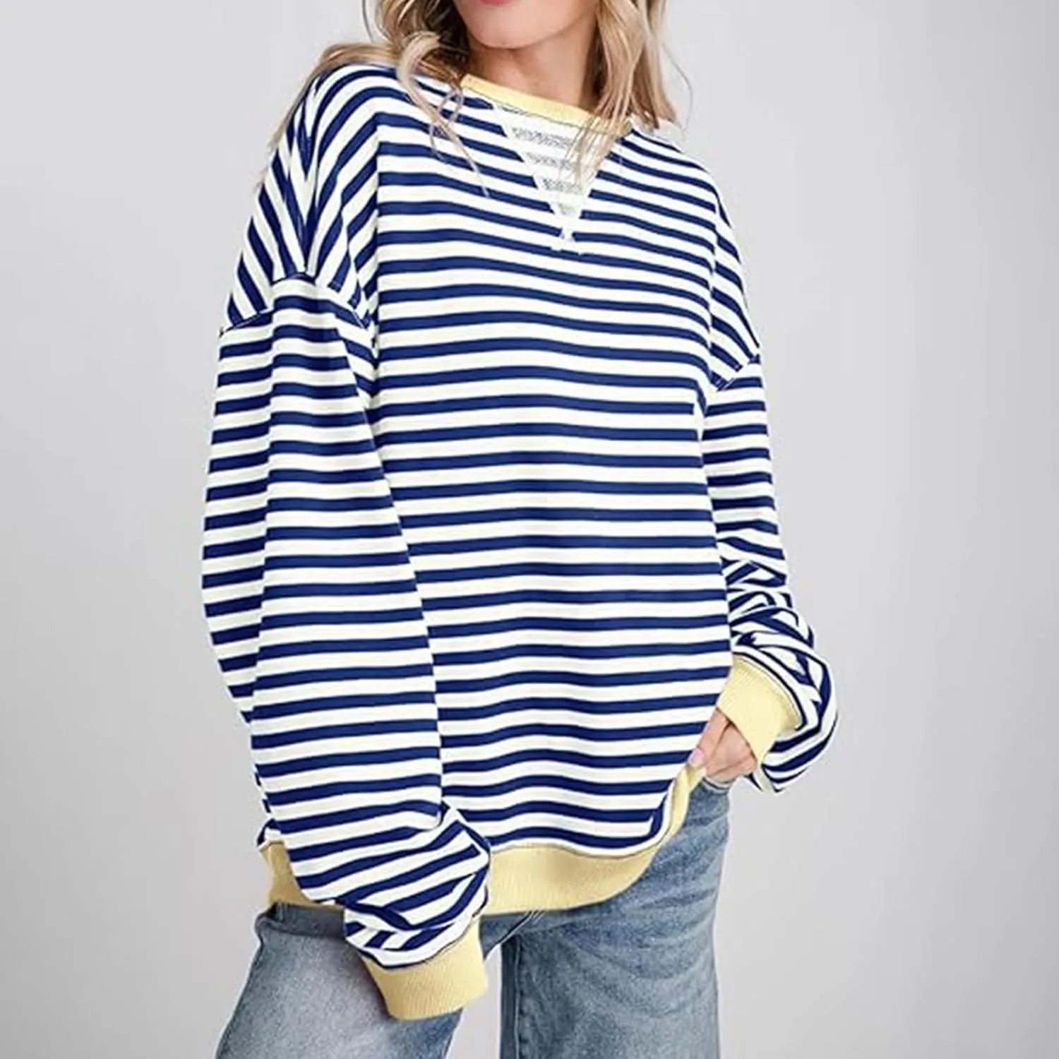 Winter Color Striped Clothes Crew Neck Long Sleeve Sweatshirts Plus Size Comfy Soft Outfits Simple Pullover