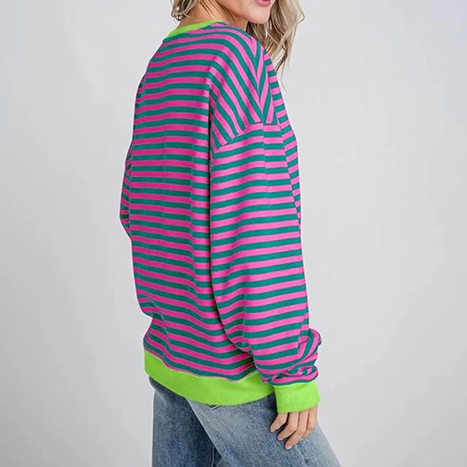 Winter Color Striped Clothes Crew Neck Long Sleeve Sweatshirts Plus Size Comfy Soft Outfits Simple Pullover