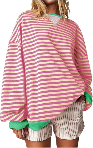 Winter Color Striped Clothes Crew Neck Long Sleeve Sweatshirts Plus Size Comfy Soft Outfits Simple Pullover