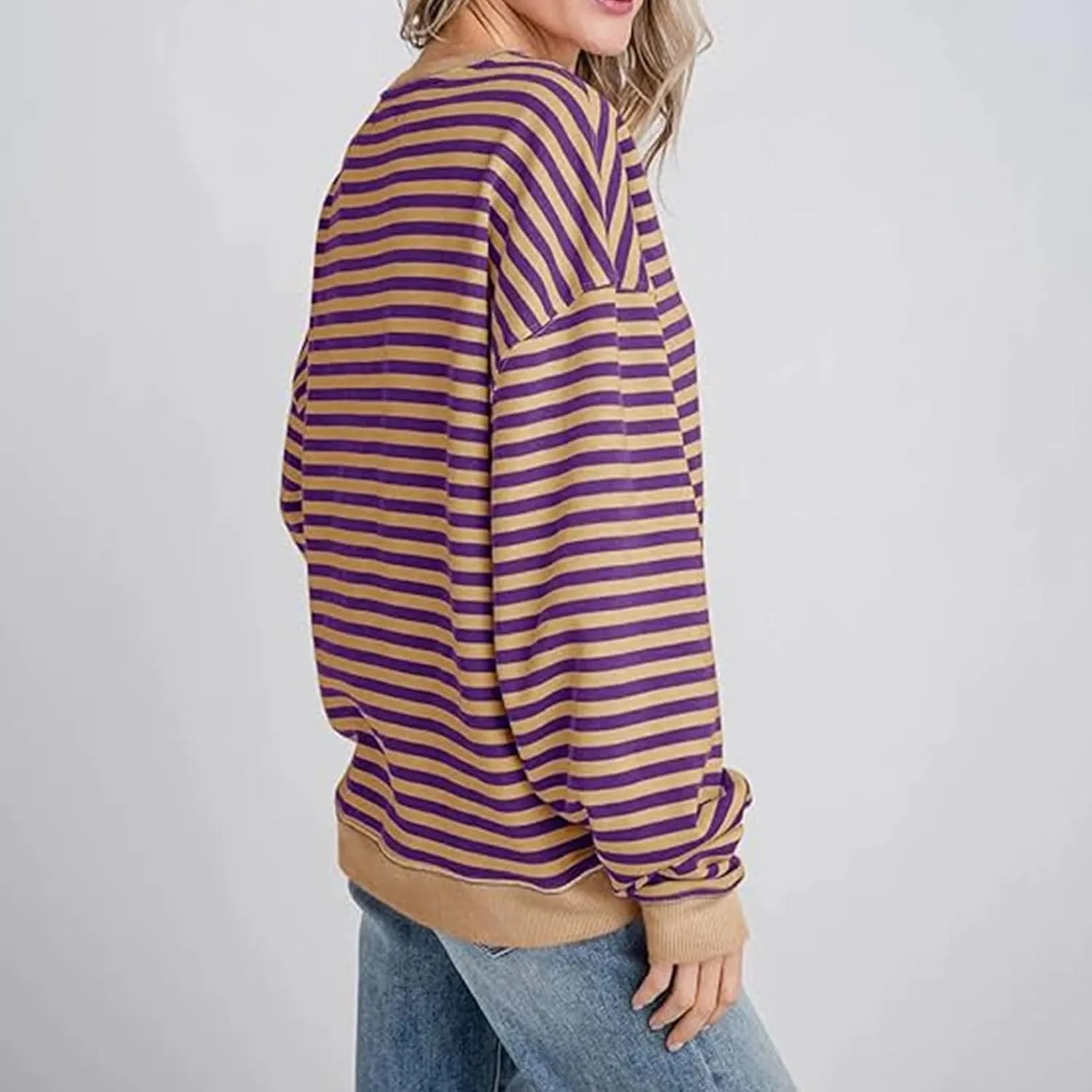 Winter Color Striped Clothes Crew Neck Long Sleeve Sweatshirts Plus Size Comfy Soft Outfits Simple Pullover
