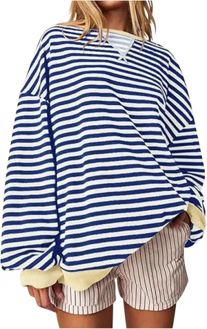 Winter Color Striped Clothes Crew Neck Long Sleeve Sweatshirts Plus Size Comfy Soft Outfits Simple Pullover
