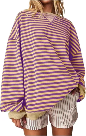 Winter Color Striped Clothes Crew Neck Long Sleeve Sweatshirts Plus Size Comfy Soft Outfits Simple Pullover
