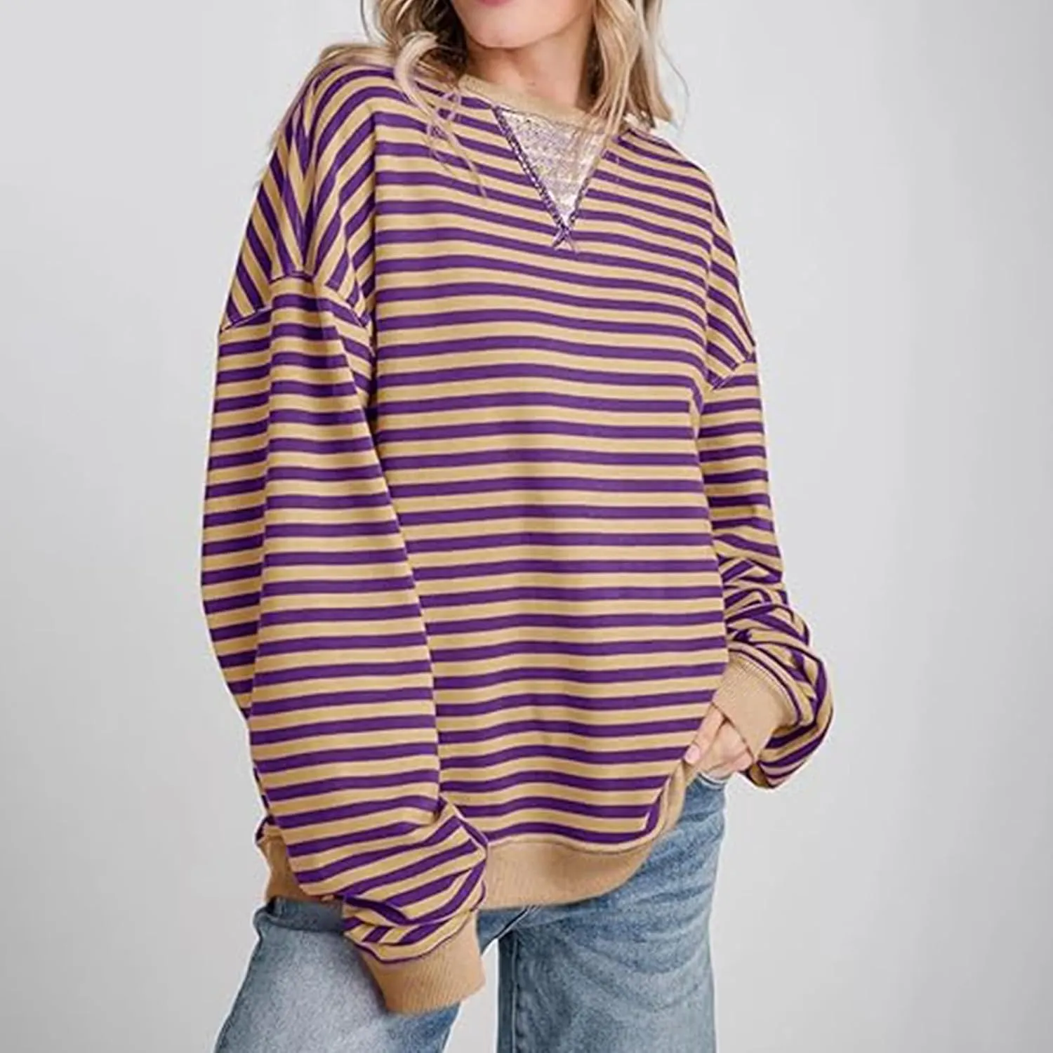 Winter Color Striped Clothes Crew Neck Long Sleeve Sweatshirts Plus Size Comfy Soft Outfits Simple Pullover