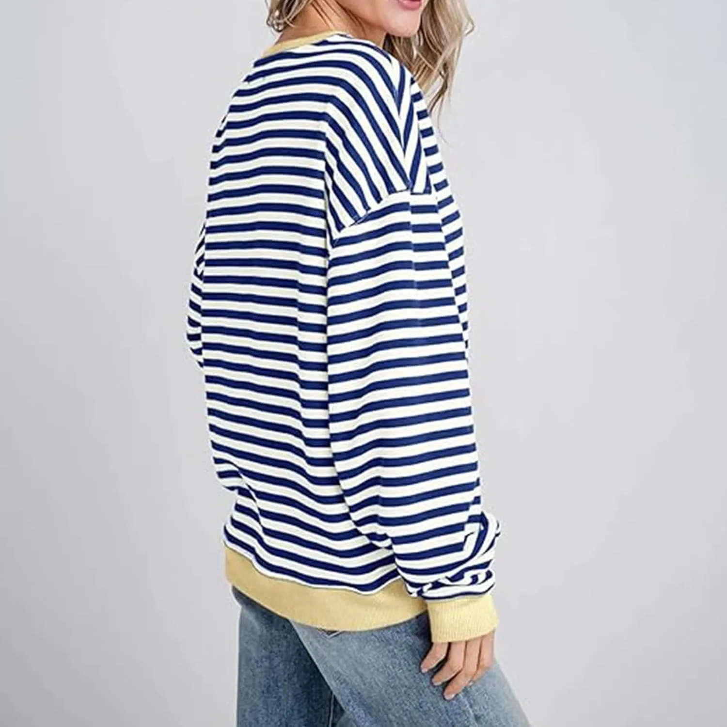 Winter Color Striped Clothes Crew Neck Long Sleeve Sweatshirts Plus Size Comfy Soft Outfits Simple Pullover