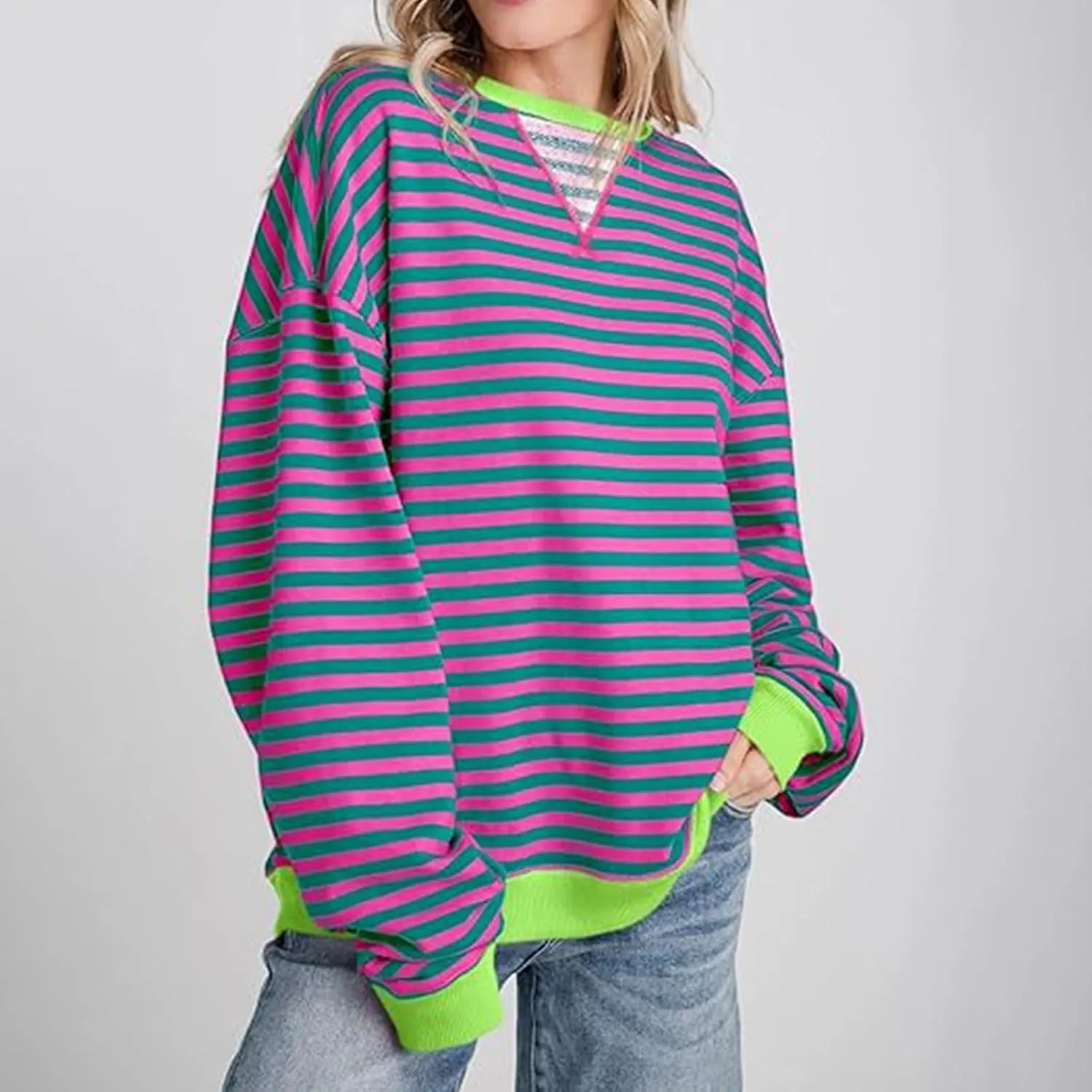 Winter Color Striped Clothes Crew Neck Long Sleeve Sweatshirts Plus Size Comfy Soft Outfits Simple Pullover