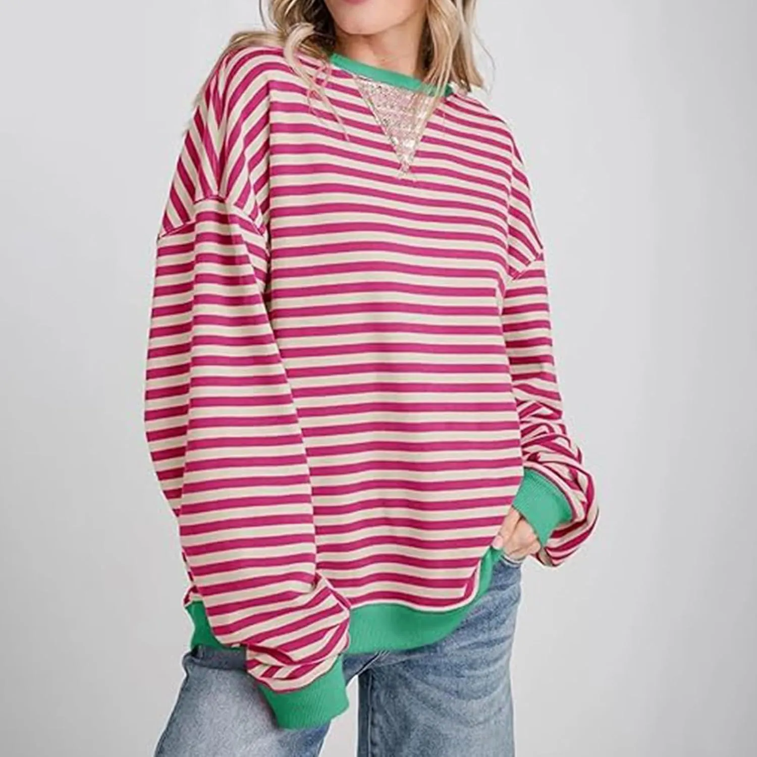 Winter Color Striped Clothes Crew Neck Long Sleeve Sweatshirts Plus Size Comfy Soft Outfits Simple Pullover
