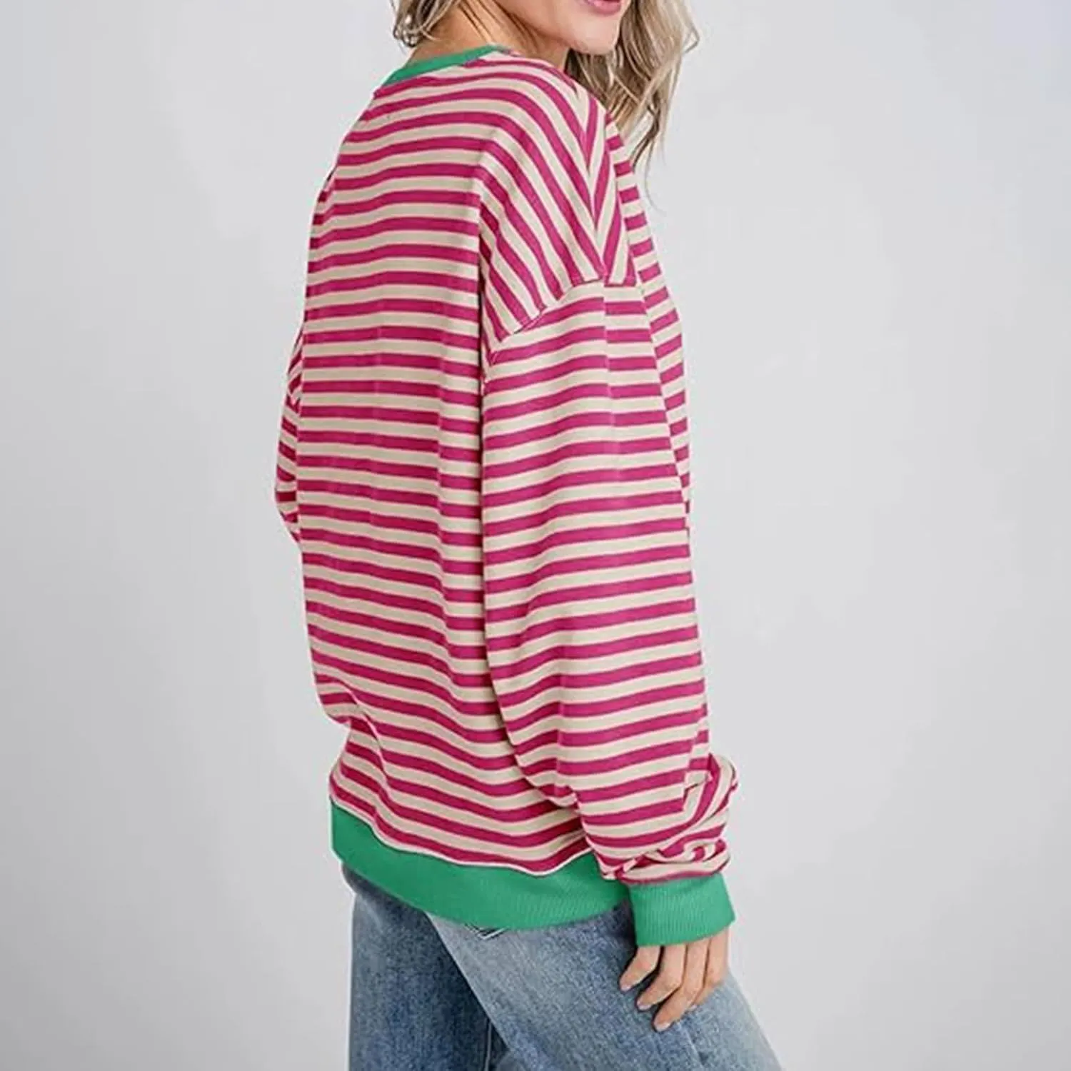 Winter Color Striped Clothes Crew Neck Long Sleeve Sweatshirts Plus Size Comfy Soft Outfits Simple Pullover