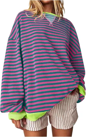 Winter Color Striped Clothes Crew Neck Long Sleeve Sweatshirts Plus Size Comfy Soft Outfits Simple Pullover