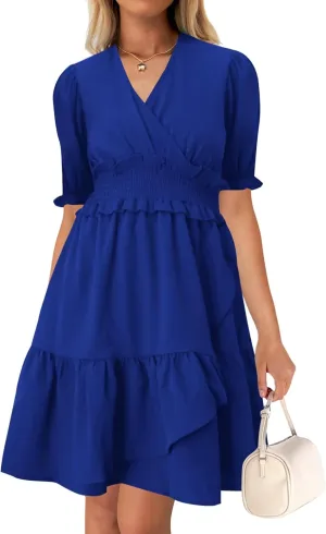 Wkior Women's Casual Shirt Dress Tiered Ruffle Sleeve Swing Shift Summer Mini Dresses