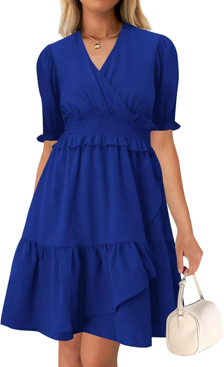 Wkior Women's Casual Shirt Dress Tiered Ruffle Sleeve Swing Shift Summer Mini Dresses