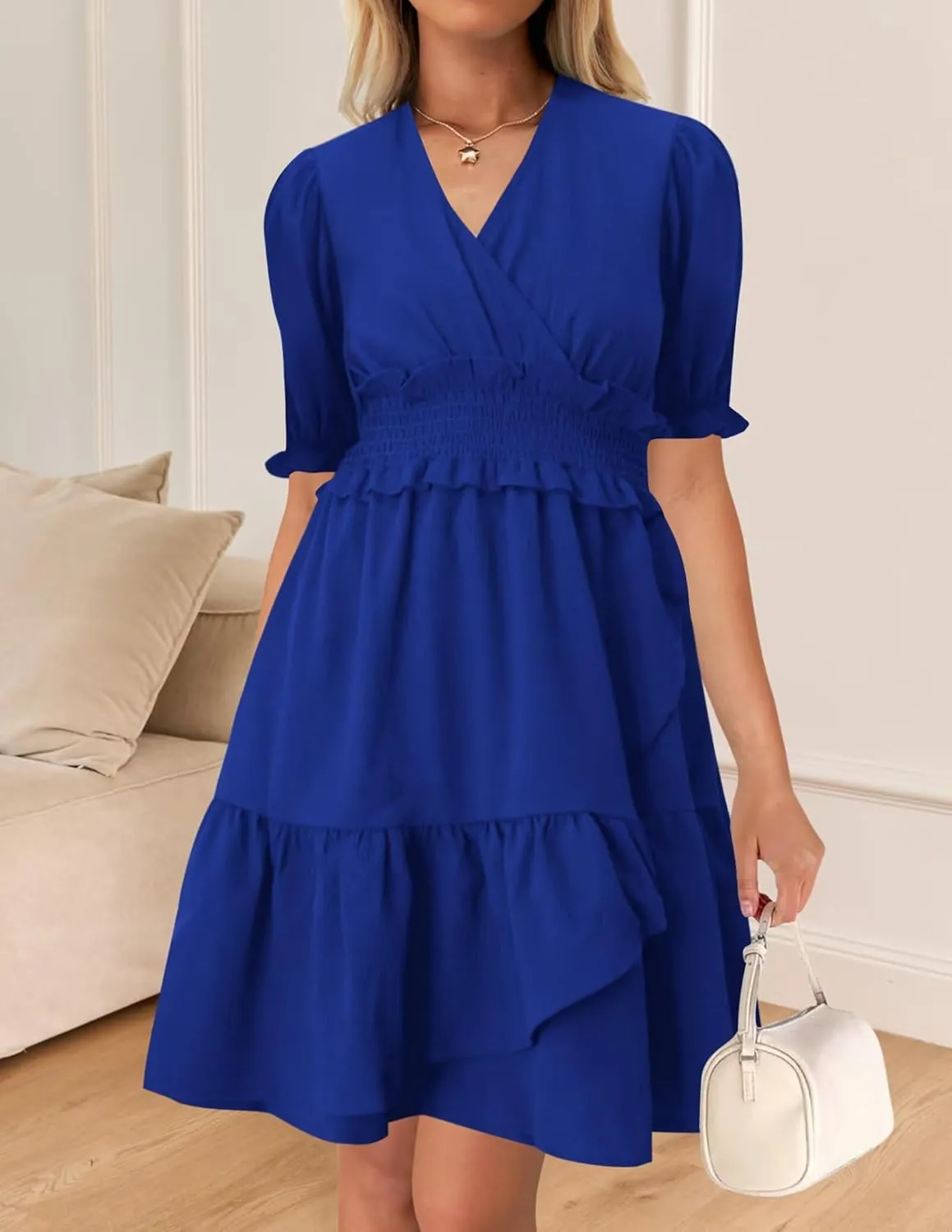 Wkior Women's Casual Shirt Dress Tiered Ruffle Sleeve Swing Shift Summer Mini Dresses