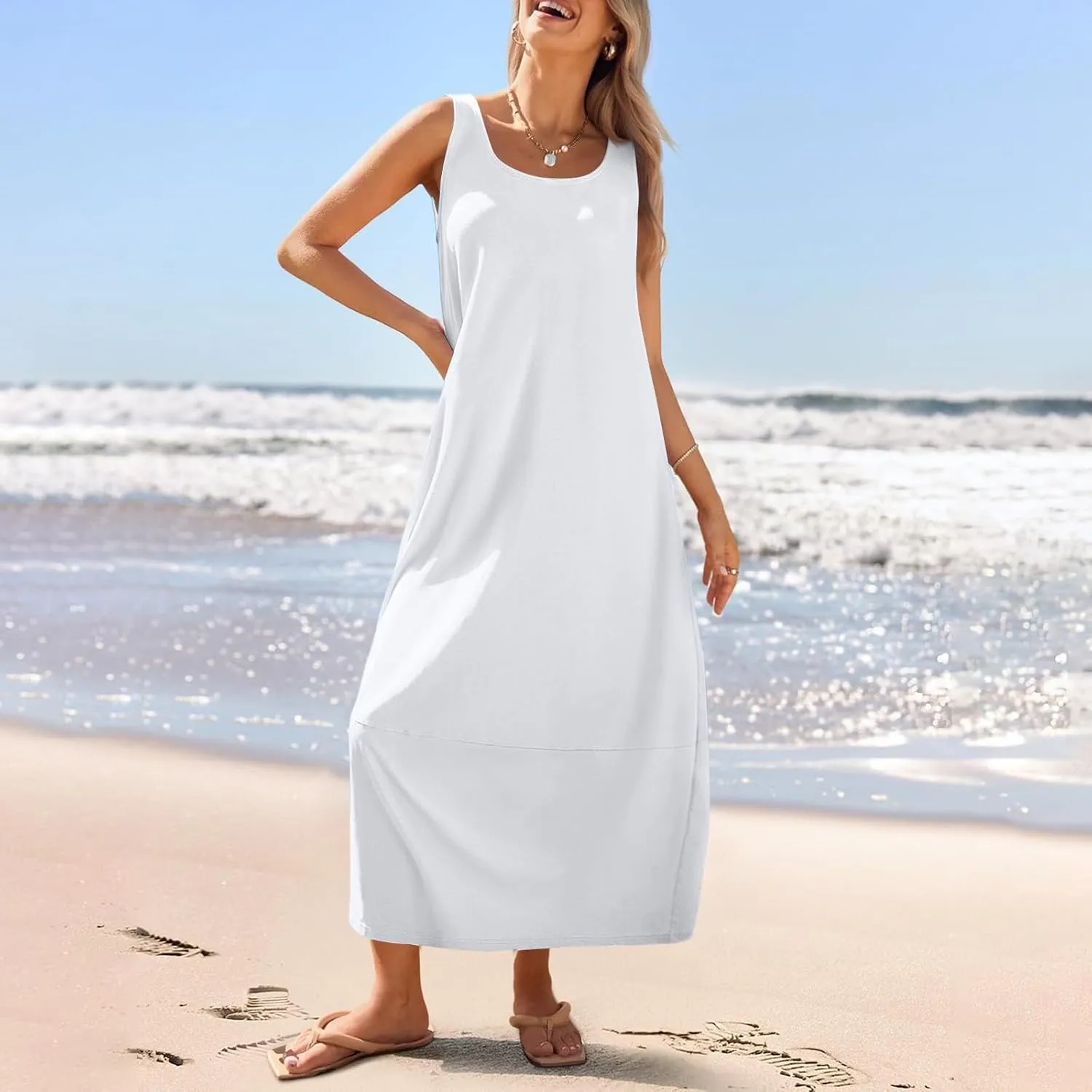 Women Dresses Casual Scoop Neck Maxi Dress Sleeveless Beach Vacation Tank Dress Flowy 2025 Summer Loose Sundress