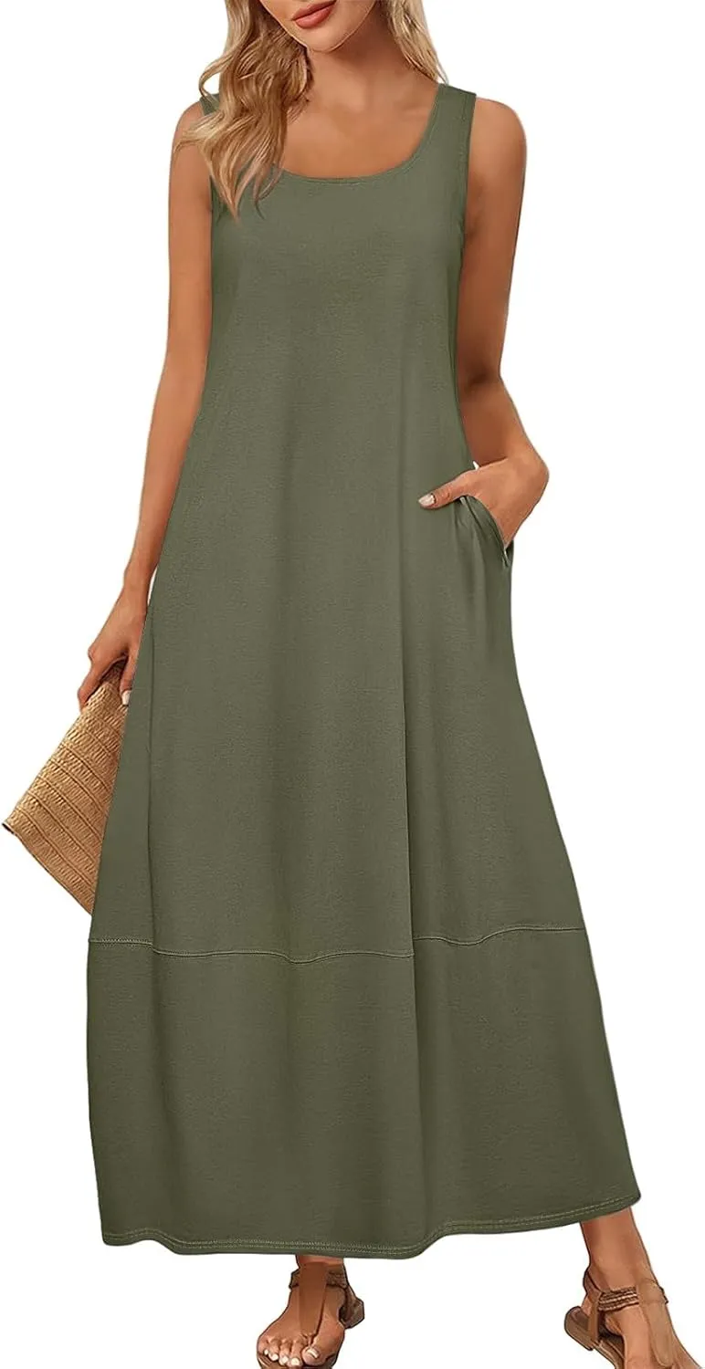 Women Dresses Casual Scoop Neck Maxi Dress Sleeveless Beach Vacation Tank Dress Flowy 2025 Summer Loose Sundress