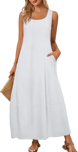 Women Dresses Casual Scoop Neck Maxi Dress Sleeveless Beach Vacation Tank Dress Flowy 2025 Summer Loose Sundress