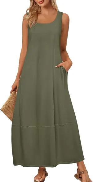 Women Dresses Casual Scoop Neck Maxi Dress Sleeveless Beach Vacation Tank Dress Flowy 2025 Summer Loose Sundress