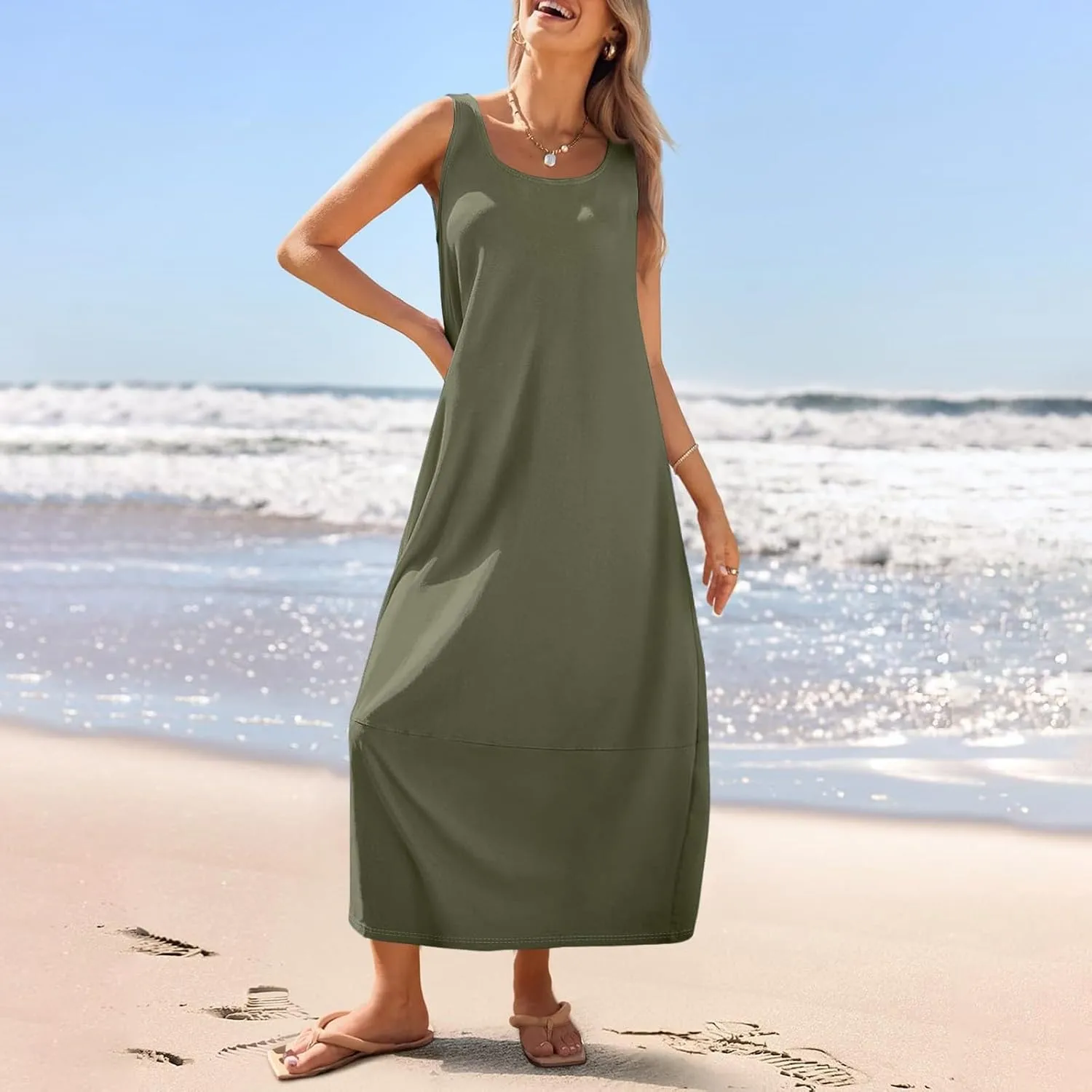 Women Dresses Sleeveless Beach Vacation Maxi Dress Scoop Neck Casual Sundress Loose 2025 Summer Flowy Tank Dress