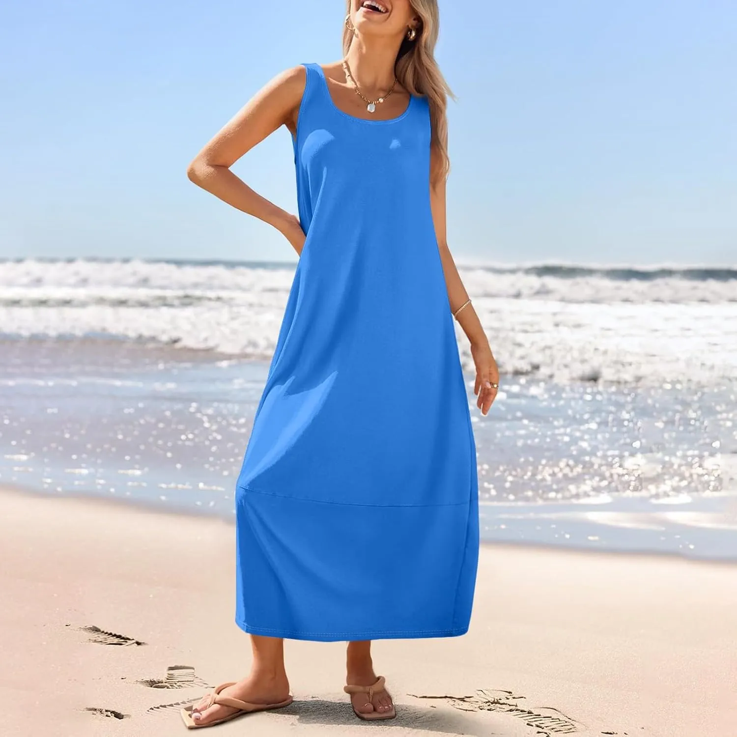 Women Dresses Sleeveless Beach Vacation Maxi Dress Scoop Neck Casual Sundress Loose 2025 Summer Flowy Tank Dress