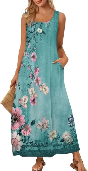 Women Dresses Sleeveless Beach Vacation Maxi Dress Scoop Neck Casual Sundress Loose 2025 Summer Flowy Tank Dress
