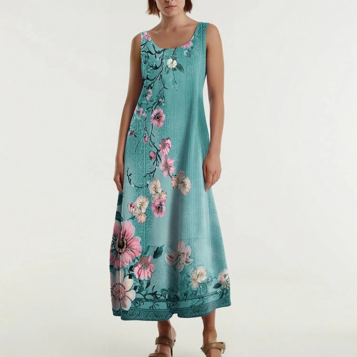 Women Dresses Sleeveless Beach Vacation Maxi Dress Scoop Neck Casual Sundress Loose 2025 Summer Flowy Tank Dress