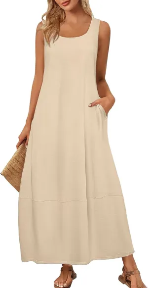 Women Dresses Sleeveless Beach Vacation Maxi Dress Scoop Neck Casual Sundress Loose 2025 Summer Flowy Tank Dress