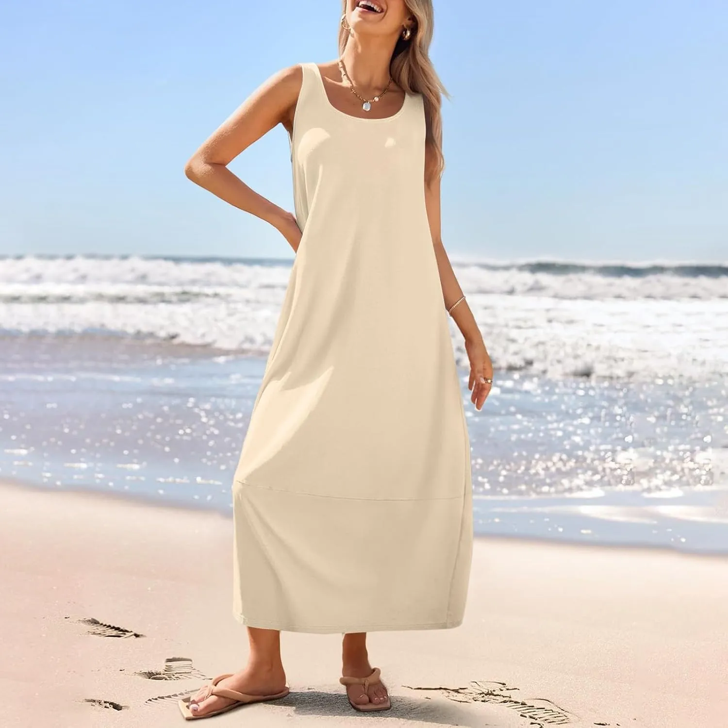 Women Dresses Sleeveless Beach Vacation Maxi Dress Scoop Neck Casual Sundress Loose 2025 Summer Flowy Tank Dress