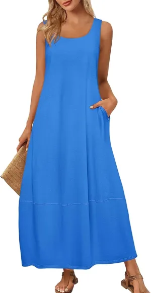 Women Dresses Sleeveless Beach Vacation Maxi Dress Scoop Neck Casual Sundress Loose 2025 Summer Flowy Tank Dress