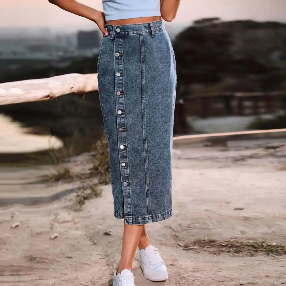 Women High Waist Button Front Denim Skirt Casual Street Style Split Hem Vintage Midi Skirt