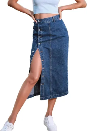 Women High Waist Button Front Denim Skirt Casual Street Style Split Hem Vintage Midi Skirt